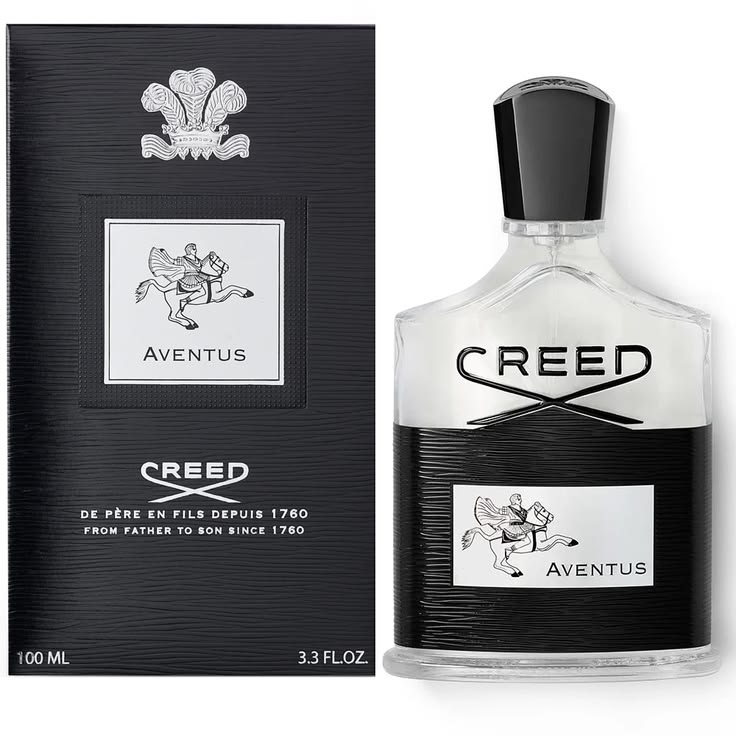 Creed Aventus perfume bottle and its black textured packaging box